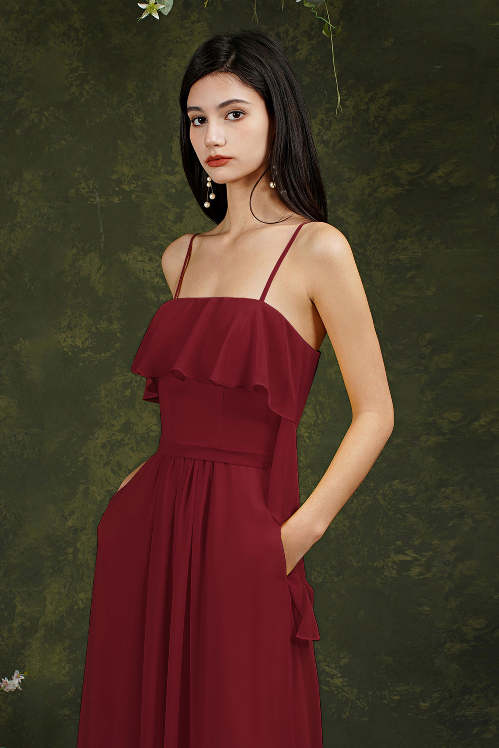 Bmbridal Spaghetti-Straps Bridesmaid Dress Chiffon With Pockets Ruffle   BMBRIDAL