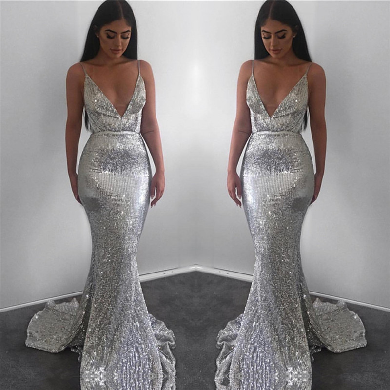 Bmbridal Silver Sequins Mermaid Prom Dress Sleeveless Spaghetti-Straps