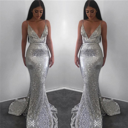 Bmbridal Silver Sequins Mermaid Prom Dress Sleeveless Spaghetti-Straps