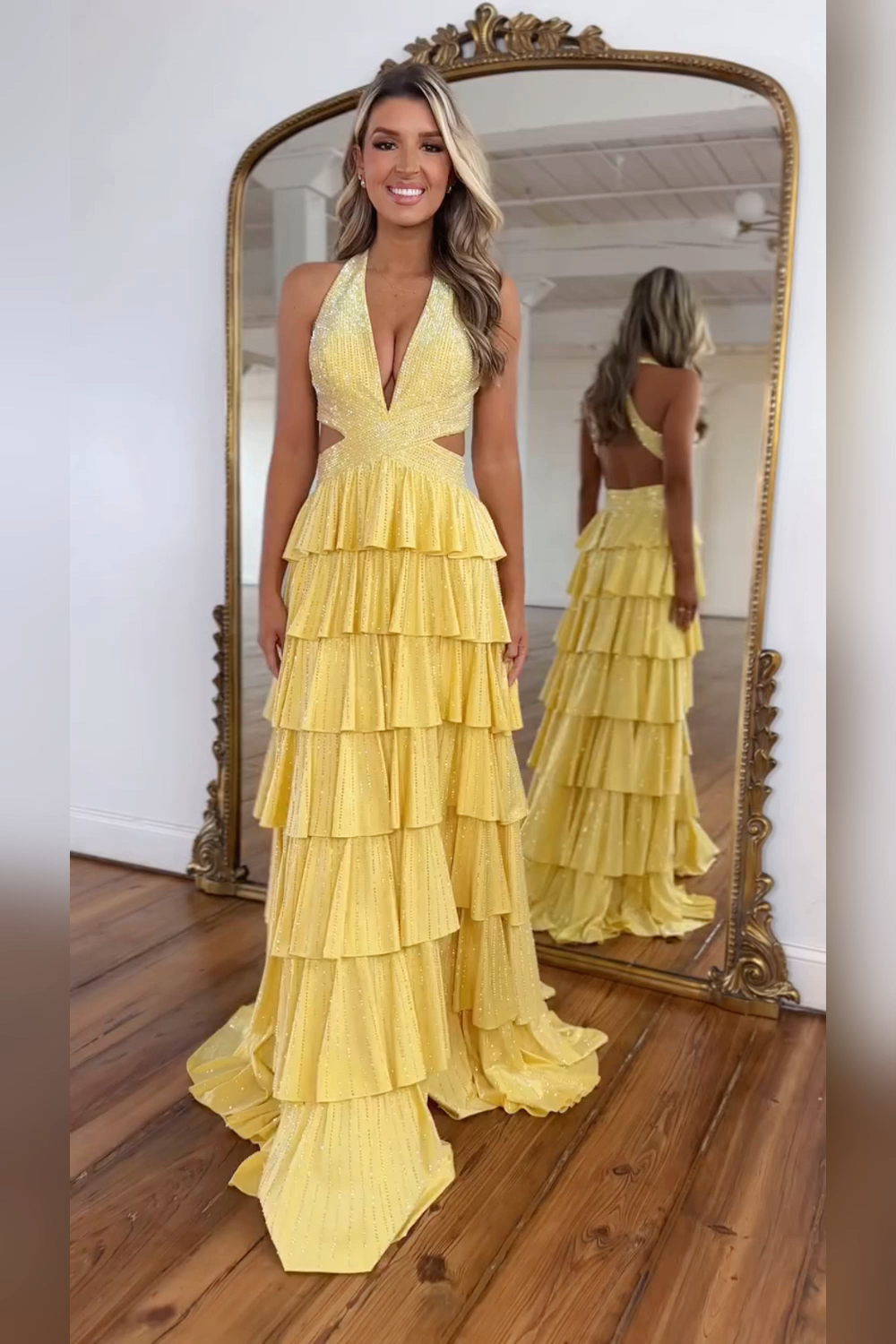 Sparkly Emerald Green Corset A Line Tiered Beaded Prom Dress with Slit