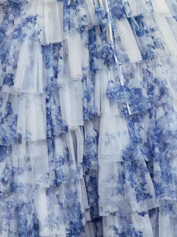Blue Floral A Line V Neck Long Pleated Prom Dress With Slit