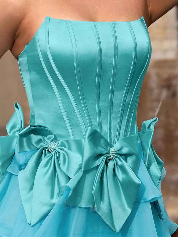 Blue A Line Strapless Long Pleated Prom Dress With Slit