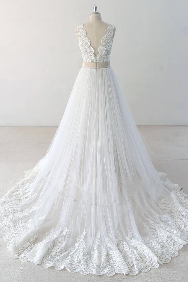 BMbridal Elegant V-neck Lace Tulle A-line Wedding Dress On Sale-BMbridal
