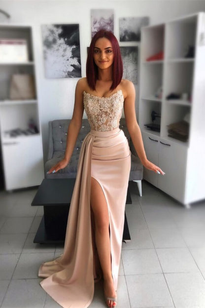 Bmbridal Mermiad Satin Split Front Prom Dress with Ruffles