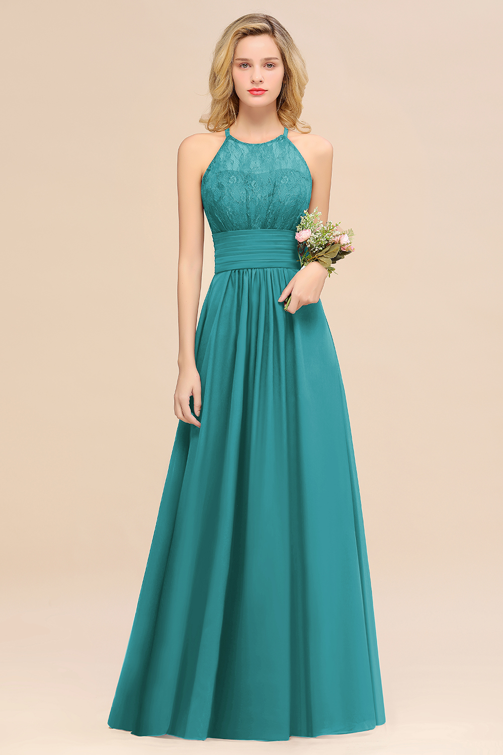BMbridal Elegant Halter Ruffles Sleeveless Grape Lace Bridesmaid Dresses Affordable-BMbridal