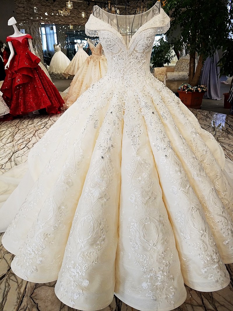 BMbridal Affordable Jewel Off-the-shoulder A-line Wedding Dresses With Appliques Ivory Ruffles Lace Bridal Gowns On Sale-BMbridal