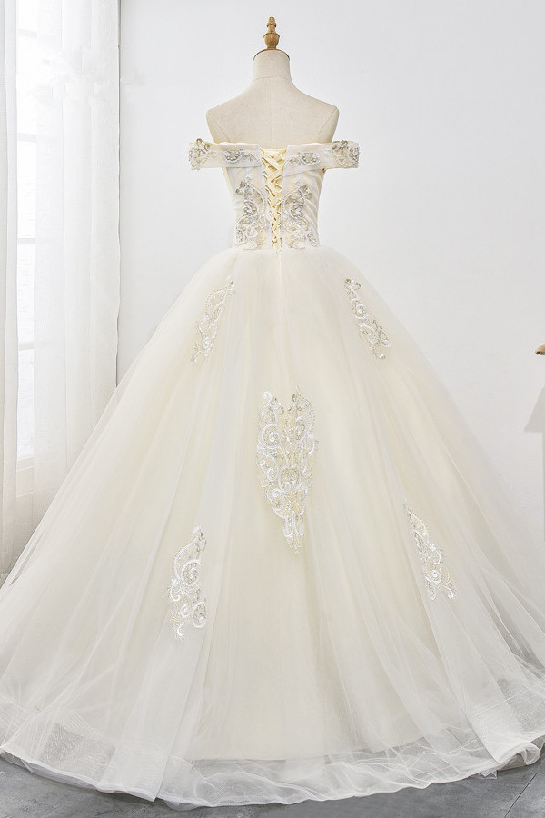 BMbridal Gorgeous Off-the-Shoulder Champagne Tulle Wedding Dress Ball Gown Lace Appliques Sleeveless Bridal Gowns Online-BMbridal