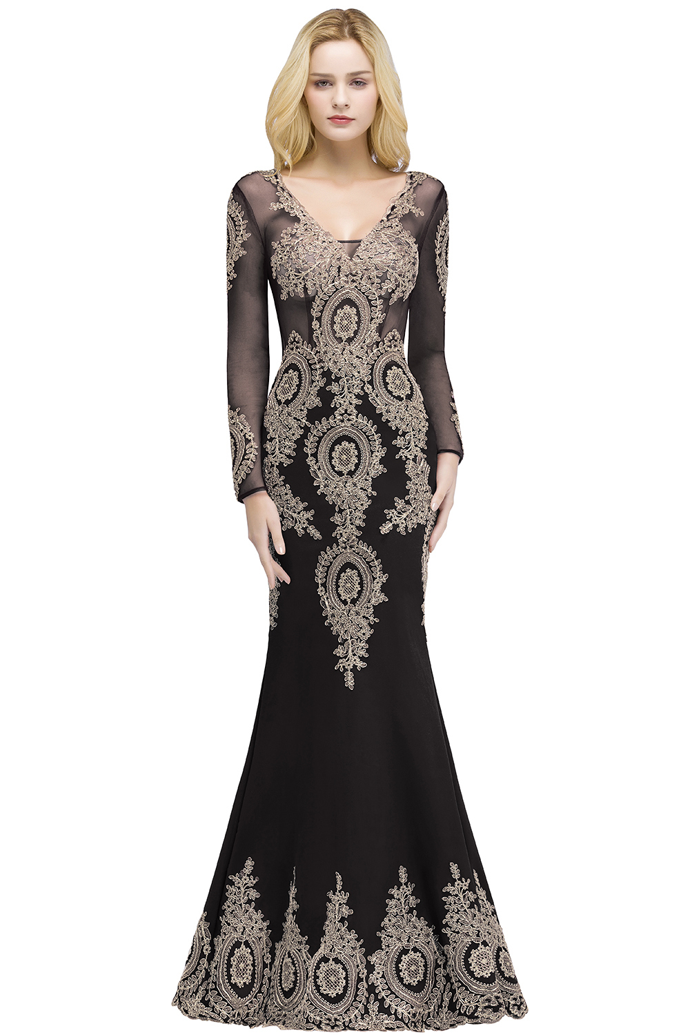 BMbridal Glamorous Long Sleeve Mermaid Prom Dress Long Evening Party Gowns With Lace Appliques