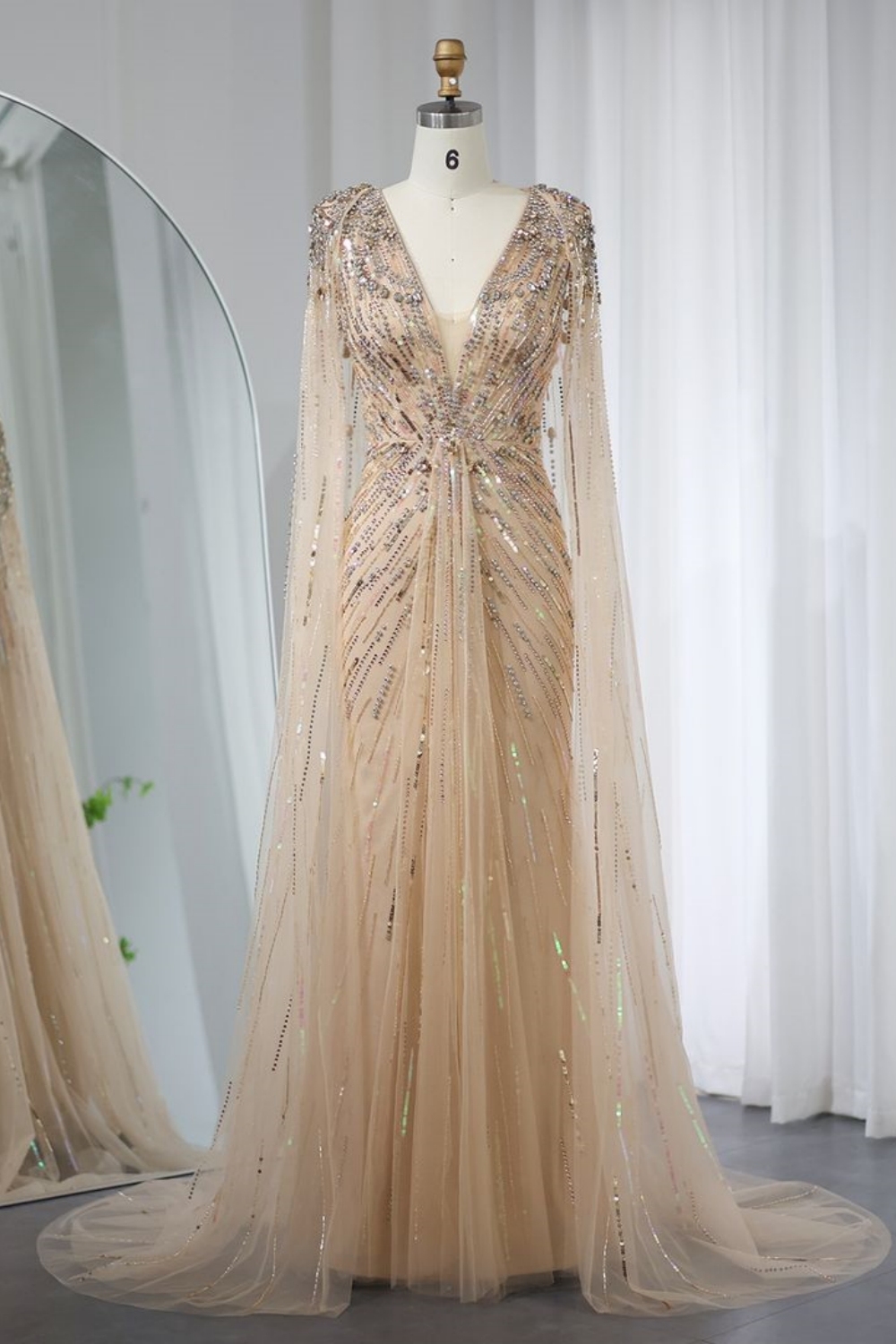 Bmbridal A-Line Gold V-Neck Floor-Length Tulle Prom Dresses with Appliques