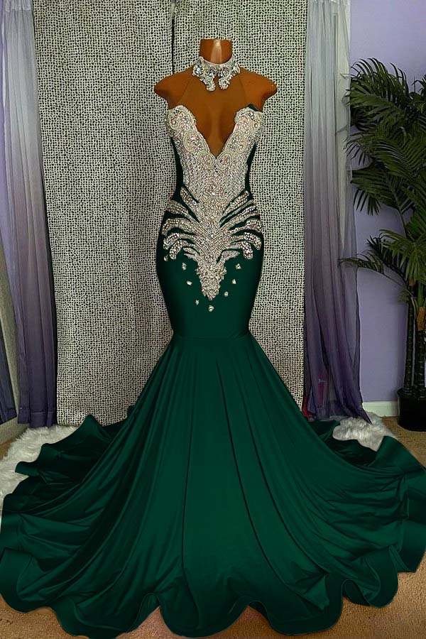 Mermaid Pink High Neck Sleeveless Prom Dress Beaded With Appliques