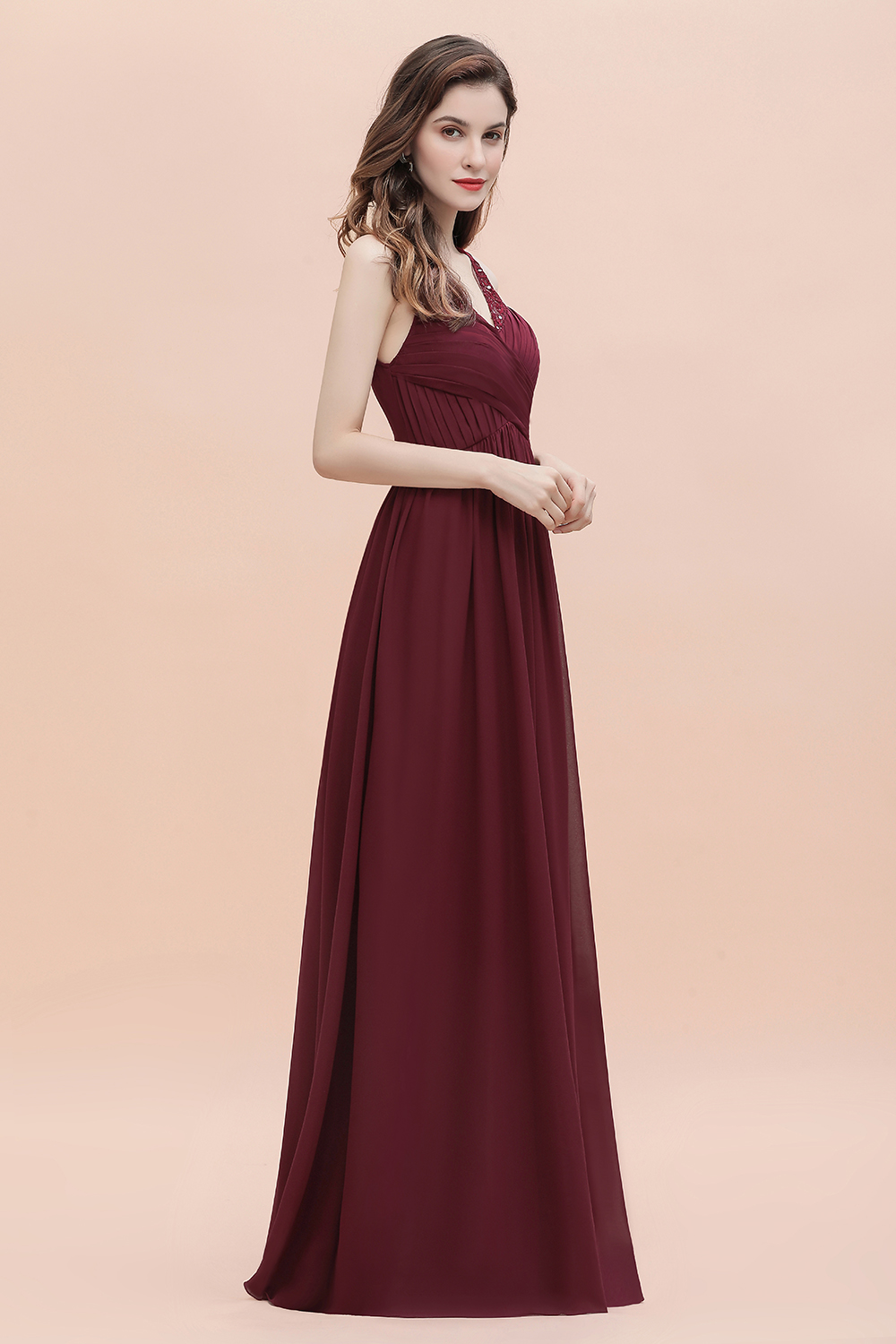 BMbridal Elegant V-Neck Lace Ruffles Bridesmaid Dress Sequins Burgundy Chiffon Evening Dress