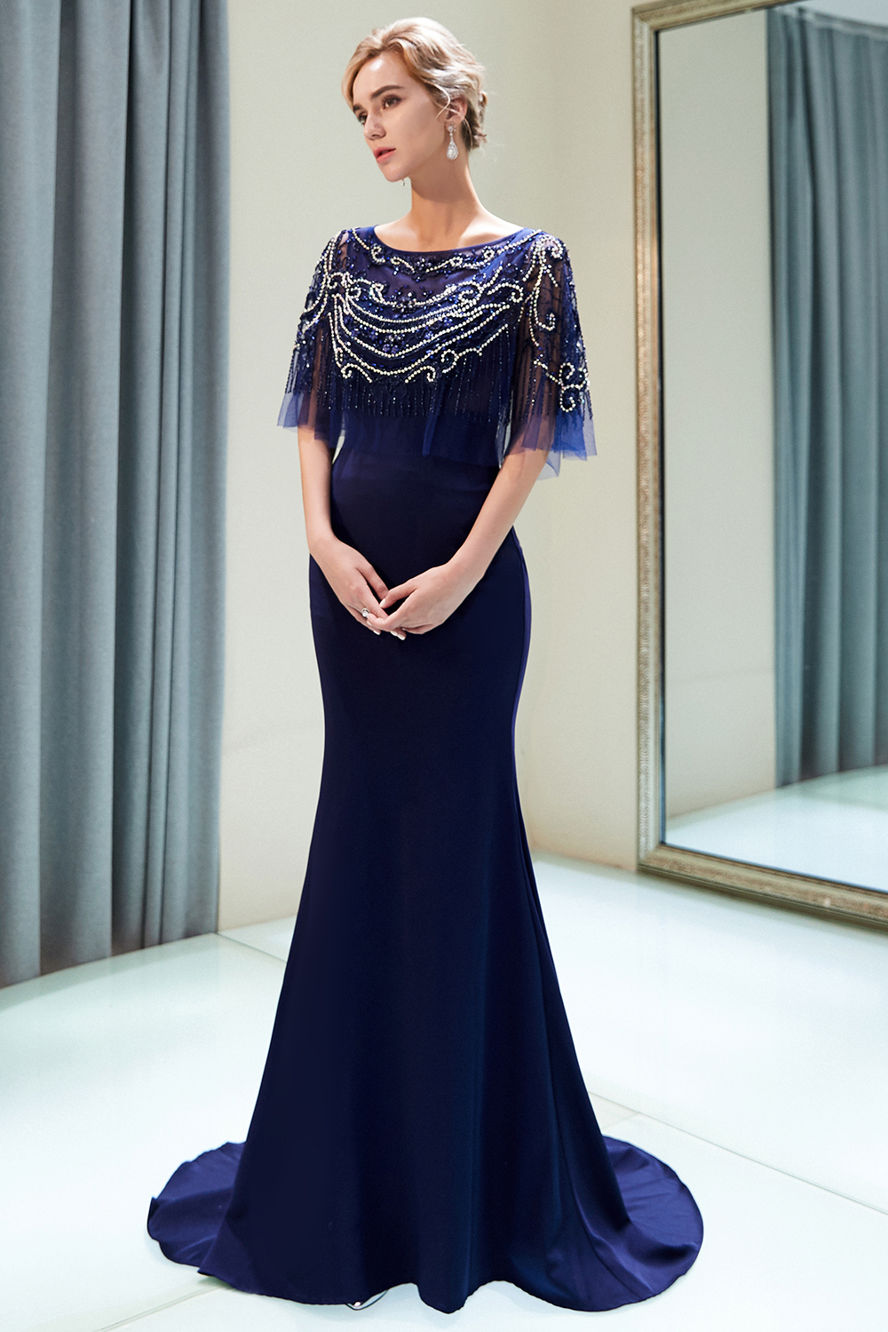 BMbridal Gorgeous Mermaid Jewel Long Prom Dresses Navy Beading Formal Dresses with Crystals