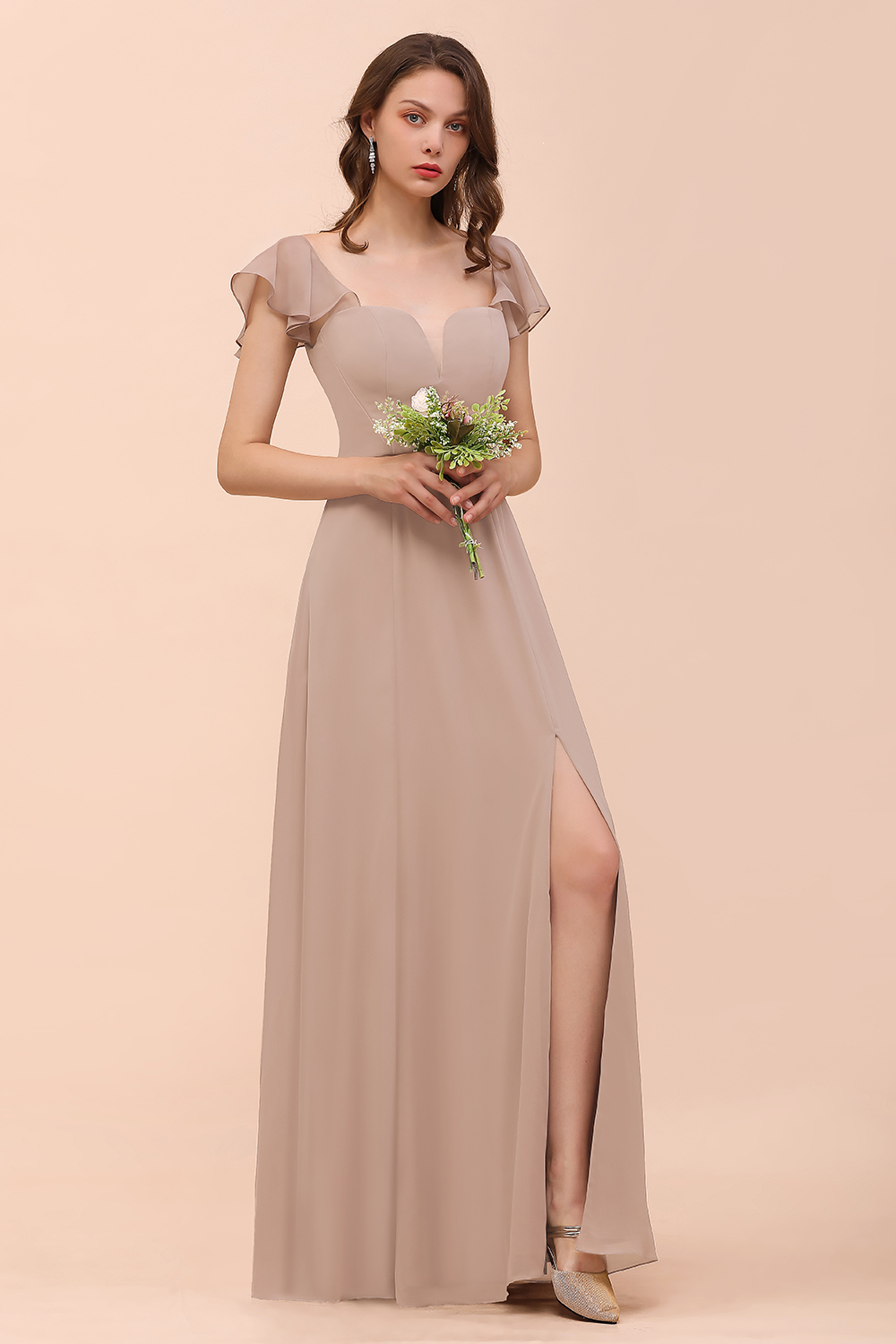 BMbridal Elegant Chiffon Slit Affordable Bridesmaid Dresses with Short Sleeves-BMbridal