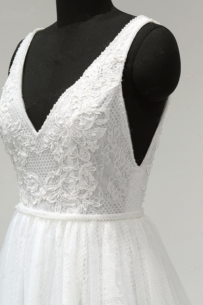 BMbridal Chic Straps V-Neck White Tulle Lace Wedding Dress Sleeveless Ruffles Bridal Gowns On Sale-BMbridal