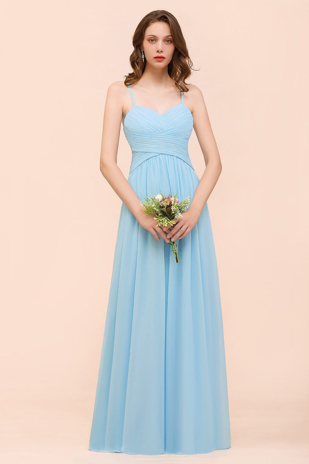 BMbridal Chic Spaghetti Straps Ruffle Sky Blue Chiffon Bridesmaid Dress Online-BMbridal
