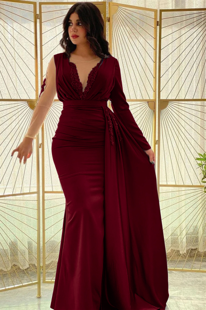 Mermaid Long Sleeves Beadings Pleated Prom Dress Side Split With Ruffles