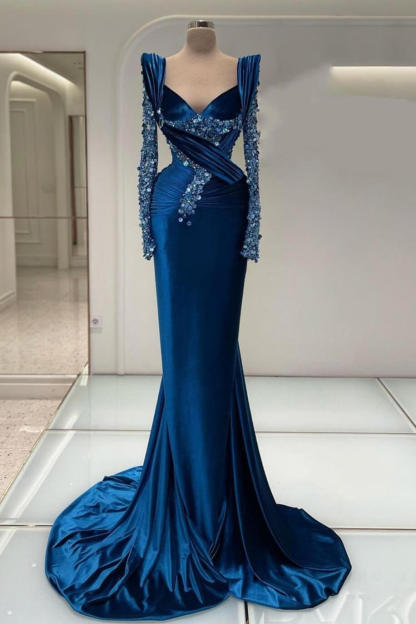 Beautiful Mermaid Sweetheart Long Sleeve Rhinestone Satin Blue Prom Dress