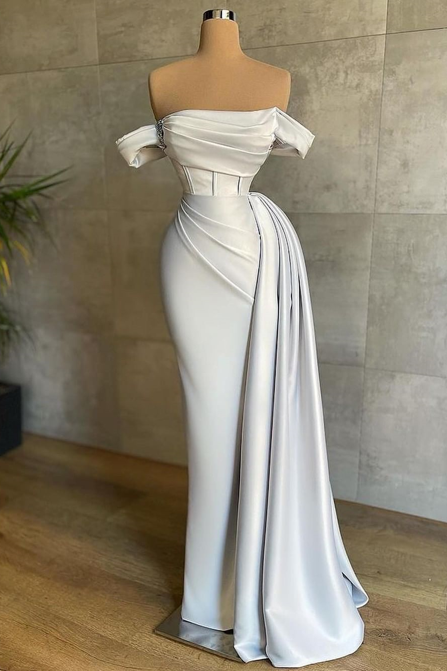 Stunning White Strapless Mermaid Pleated Long Prom Dress Off the Shoulder