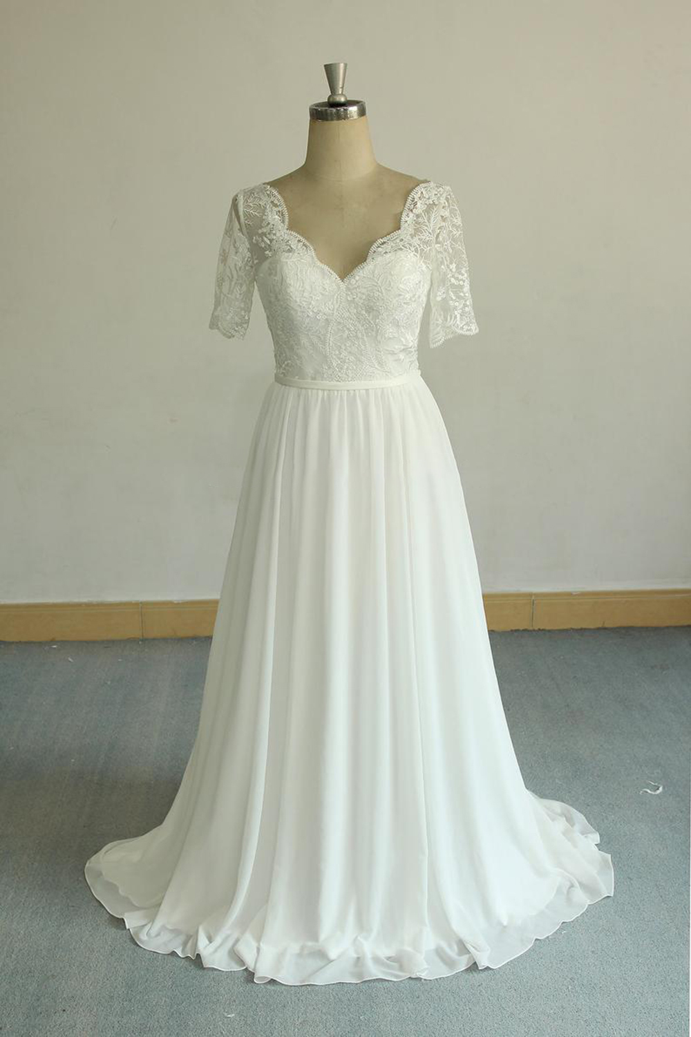 BMbridal Affordable Halfsleeves V-neck Chiffon Wedding Dresses White A-line Ruffles Bridal Gowns Online-BMbridal