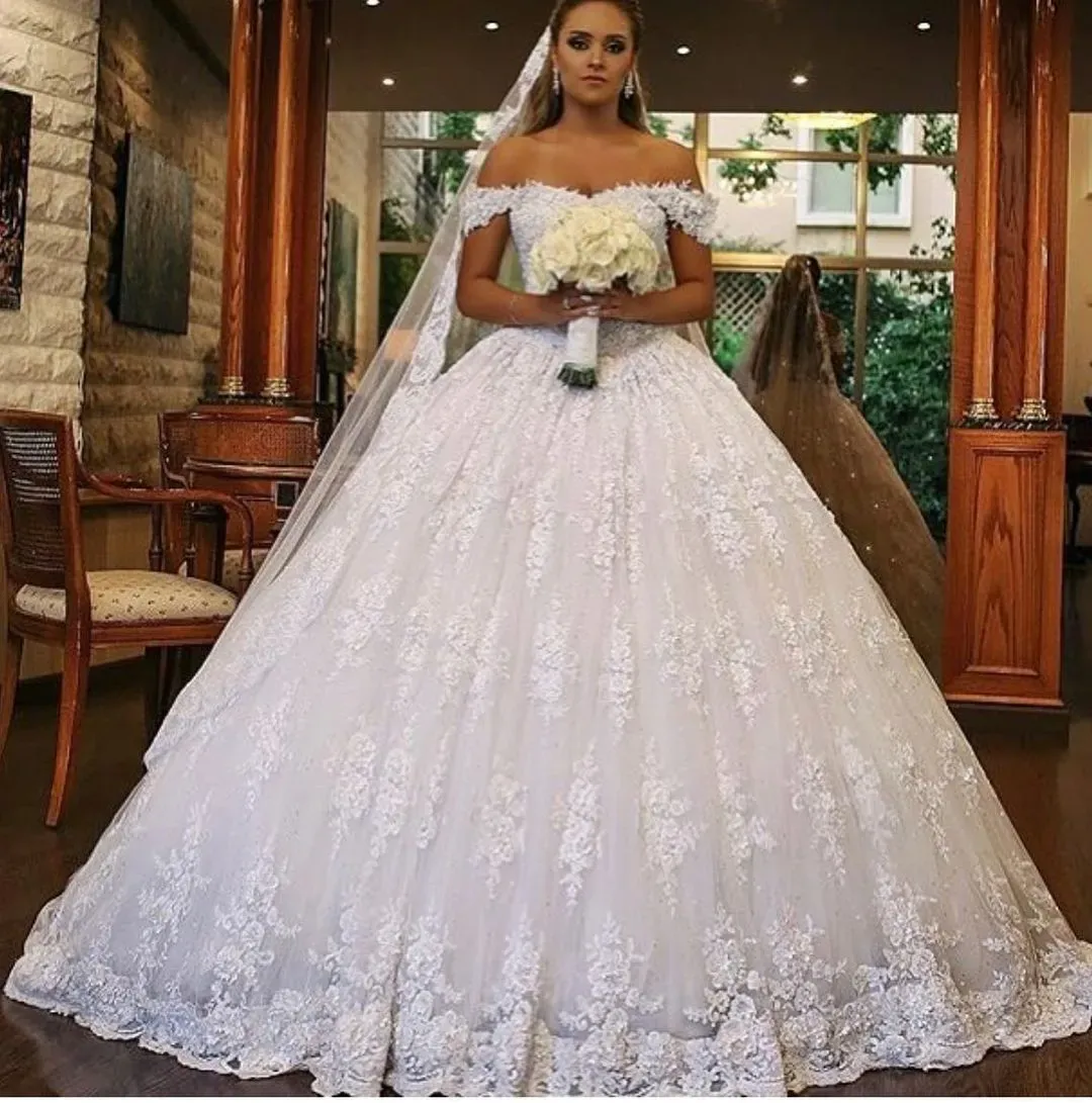 Glamorous Off-the-Shoulder Long Ball Gown Lace Wedding Dress with Train