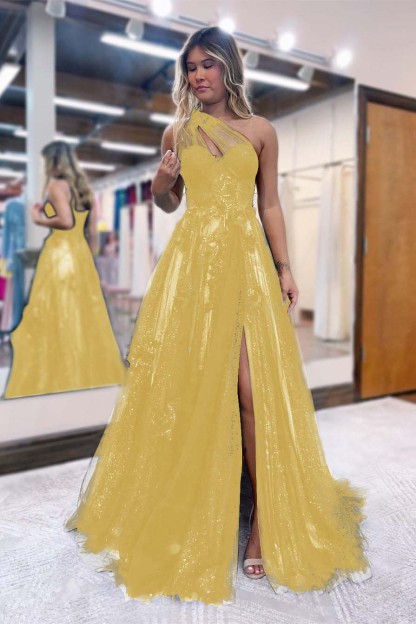 Black One Shoulder A Line Prom Dress Side Split Tulle With Appliques