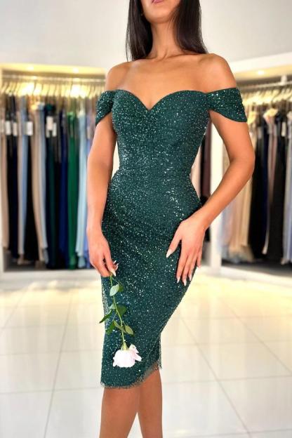 Bmbridal Dark Green Sheath Off-The-Shoulder Sweetheart Prom Dresses with Sequins