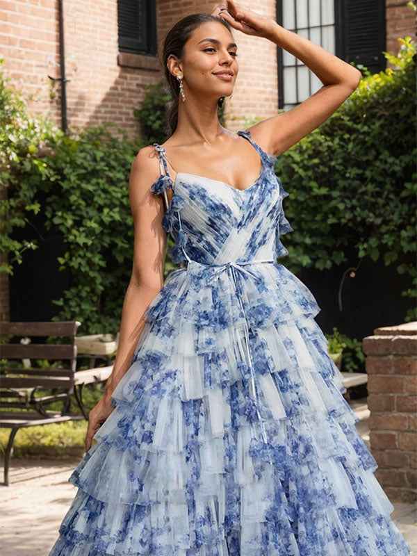 Blue Floral A Line V Neck Long Pleated Prom Dress With Slit
