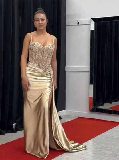 Green Mermaid Spaghetti Straps Bodice Long Prom Dress with Beads