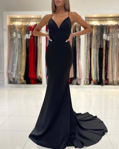 Bmbridal Black V-Neck Spaghetti-Straps Prom Dress Mermaid Sleeveless