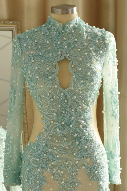 BMbridal Gorgeou High-Neck Lace Appliques Prom Dresses Long Sleeves Front Slit Evening Gowns with Pearls-BMbridal