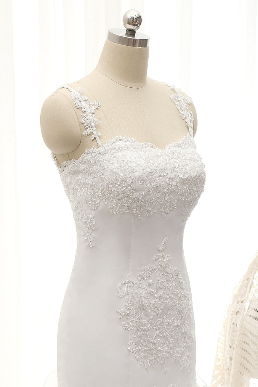 BMbridal Sexy Sleeveless Straps Ruffles Wedding Dresses With Appliques White Mermaid Satin Bridal Gowns Online-BMbridal