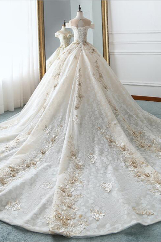 BMbridal Glamorous Jewel Sleeveless Champagne Wedding Dress Appliques Bridal Gowns with Beadings Online-BMbridal