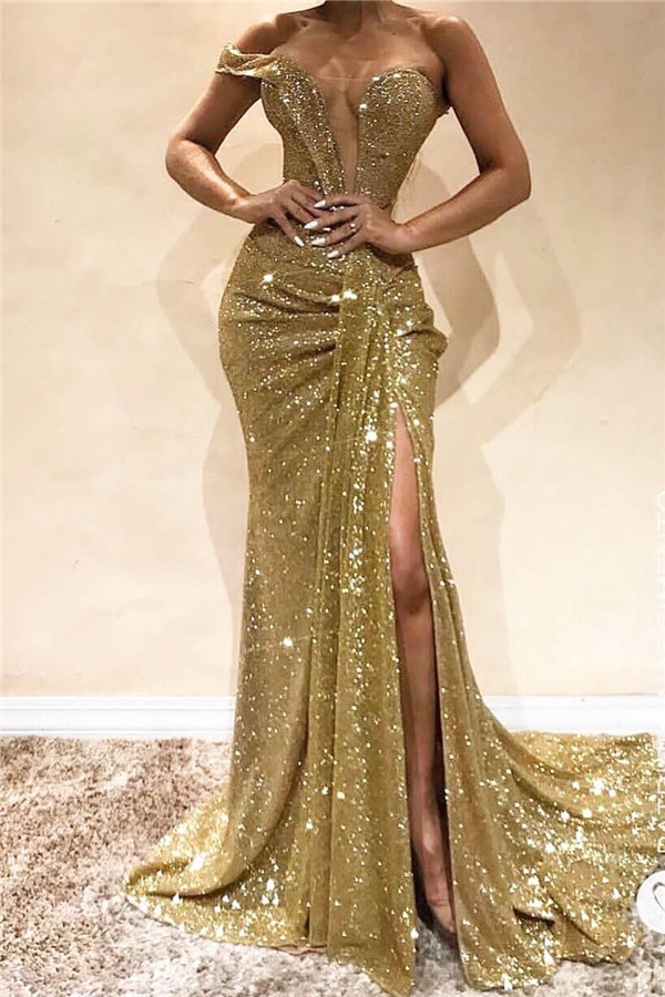 Bmbridal Gold Off-the-Shoulder Prom Dress Sequins Long Slit Online