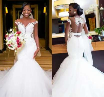 Stunning Cap Sleeves Mermaid Long Lace Appliques Wedding Dress