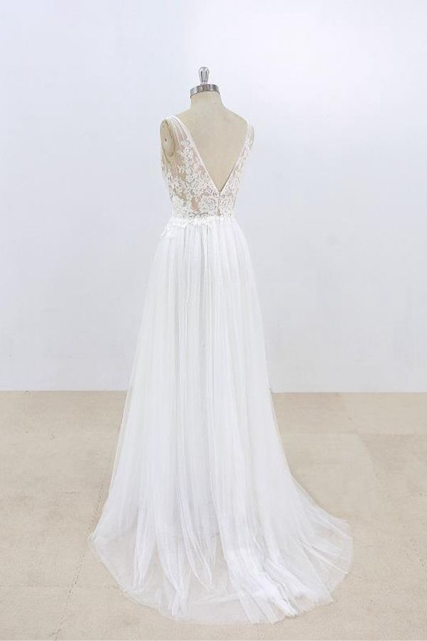 BMbridal Sexy V-neck Sleeveless Straps Wedding Dresses White Tulle Ruffles Lace Bridal Gowns Online