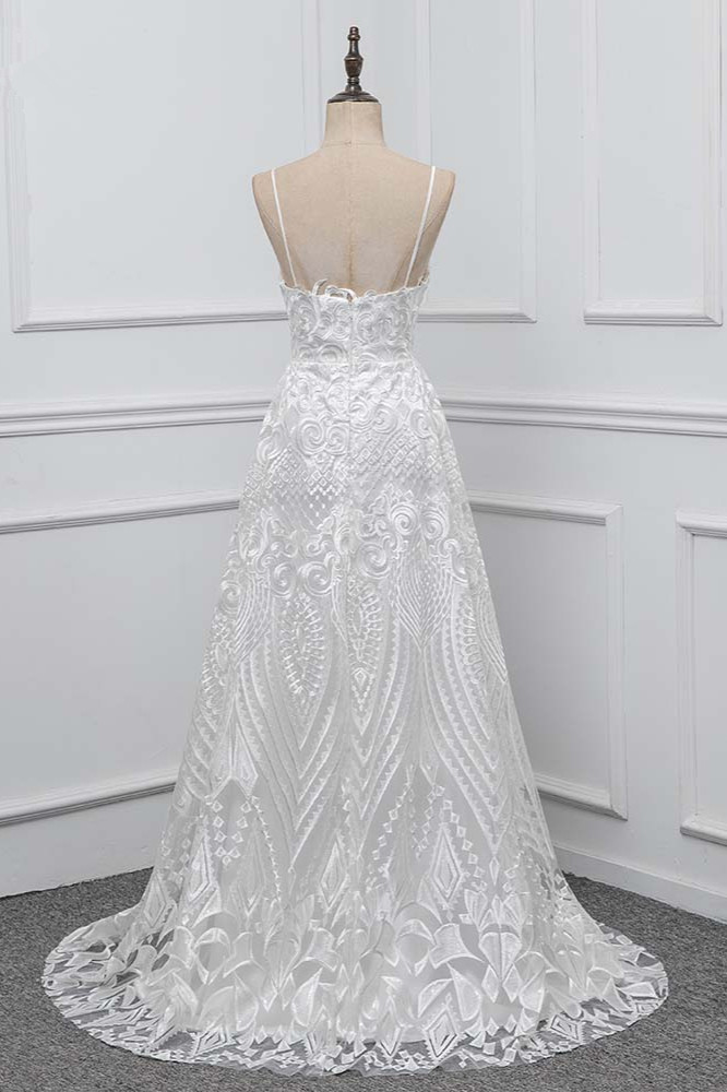 BMbridal Boho Spaghetti Straps V-Neck Appliques Wedding Dresses White Sleeveless Bridal Gowns On Sale-BMbridal
