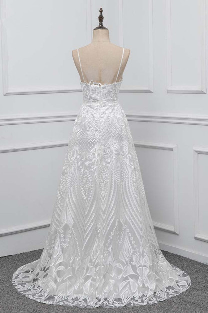 BMbridal Boho Spaghetti Straps V-Neck Appliques Wedding Dresses White Sleeveless Bridal Gowns On Sale-BMbridal