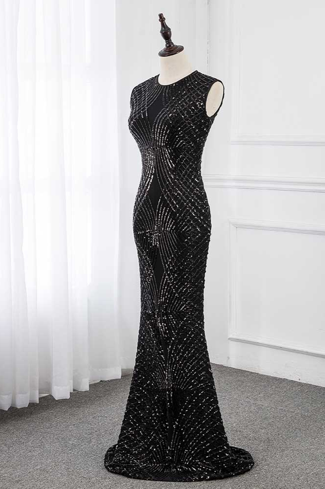 BMbridal Gorgeous Jewel Sleeveles Black Mermaid Prom Dresses with Beadings