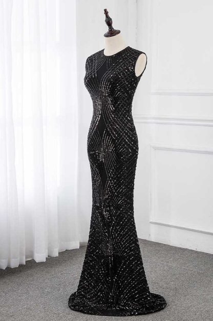 BMbridal Gorgeous Jewel Sleeveles Black Mermaid Prom Dresses with Beadings