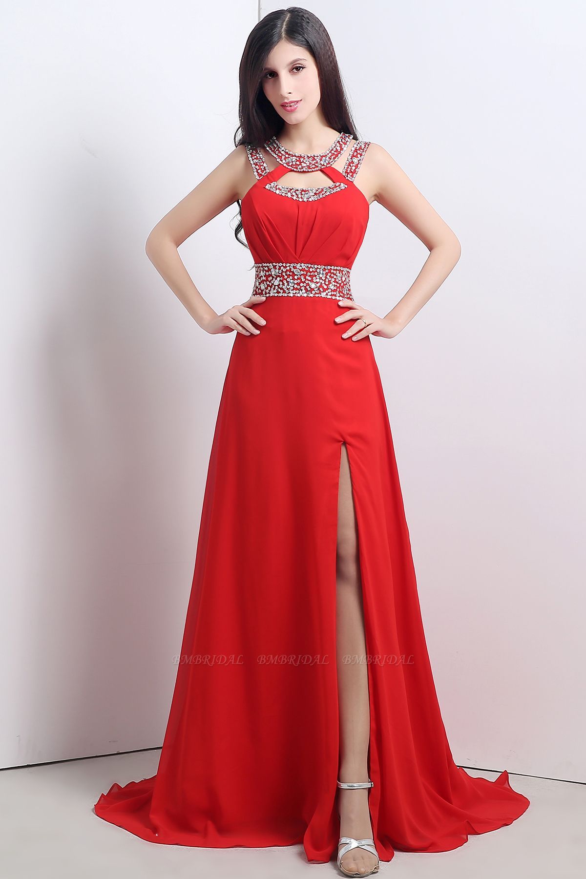 A Line High Slit Long Red Chiffon Beaded Prom Dresses