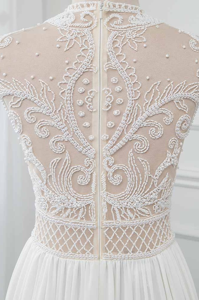 BMbridal Chic Jewel Chiffon Ruffle White Wedding Dresses Lace Top Sleeveless Bridal Gowns with Pearls-BMbridal