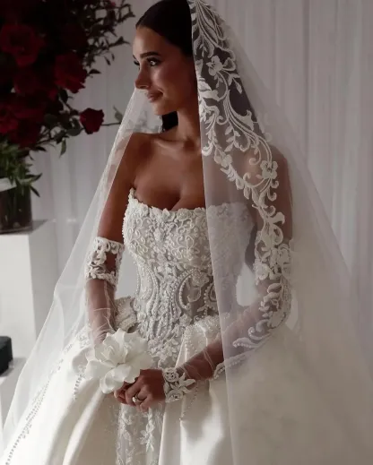 Arabic Lace Saudi Ball Gown Wedding Dress For Bride Strapless Pearls Satin Wedding Dresses Ruffle Dubai R Bridal Gowns Plus Size