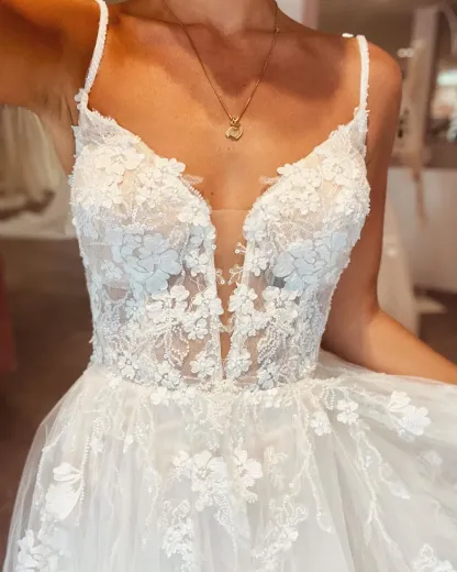 Modern Spaghetti Straps Backless Deep V Neck Long A Line Wedding Dress with Lace Tulle