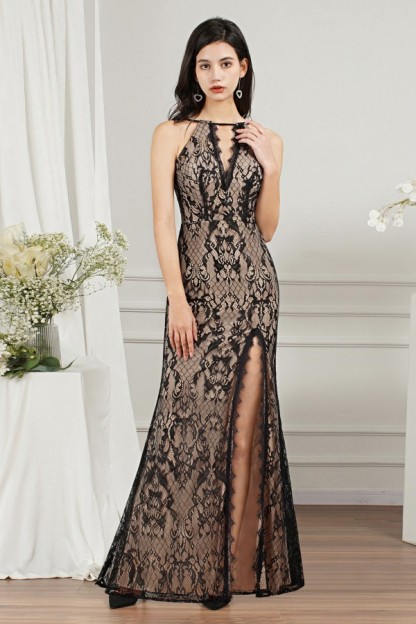BMbridal Halter Black Lace Mermaid Evening Dress Long With Split