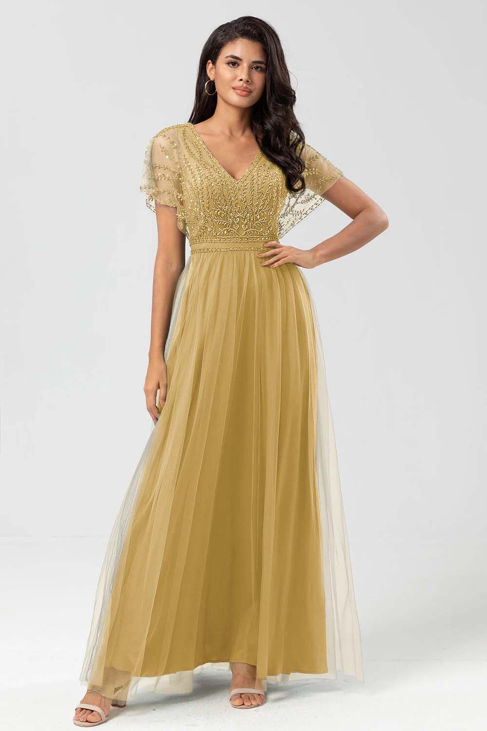 Tulle Short Sleeves V Neck A Line Long Prom Dress With Appliques