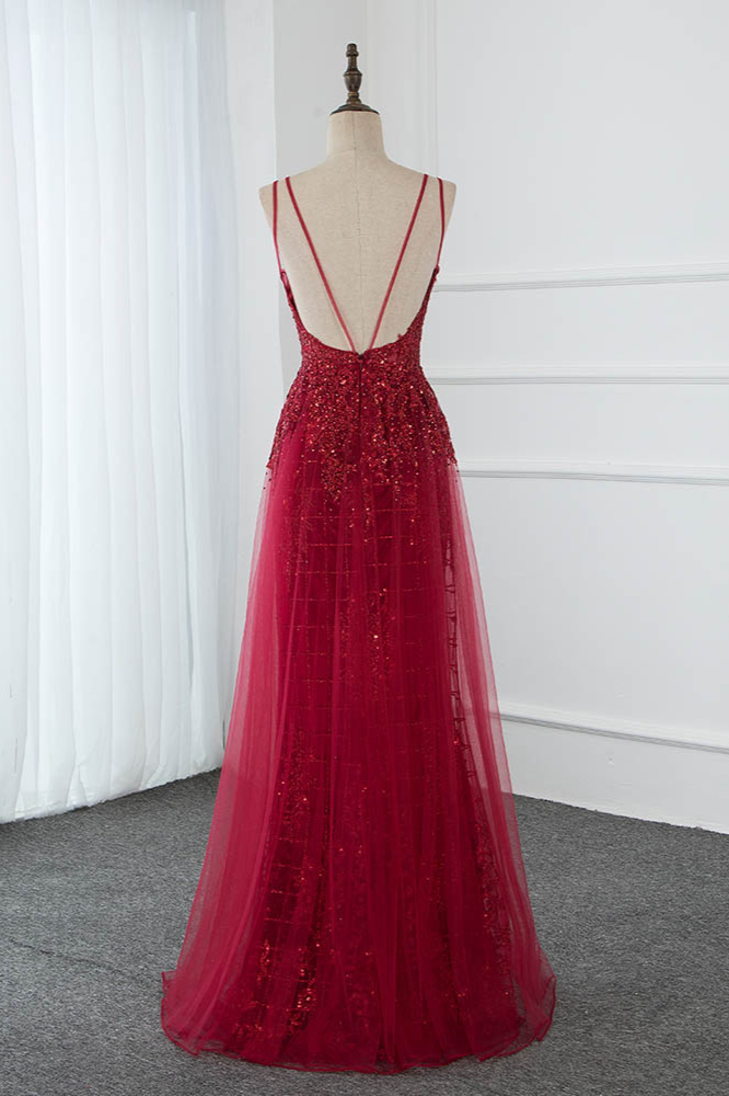 BMbridal Gorgeous Spaghetti Straps Burgundy Prom Dresses with Beading Appliques