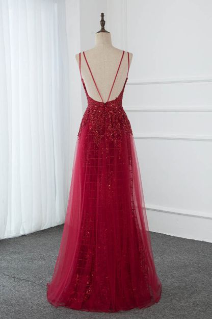 BMbridal Gorgeous Spaghetti Straps Burgundy Prom Dresses with Beading Appliques