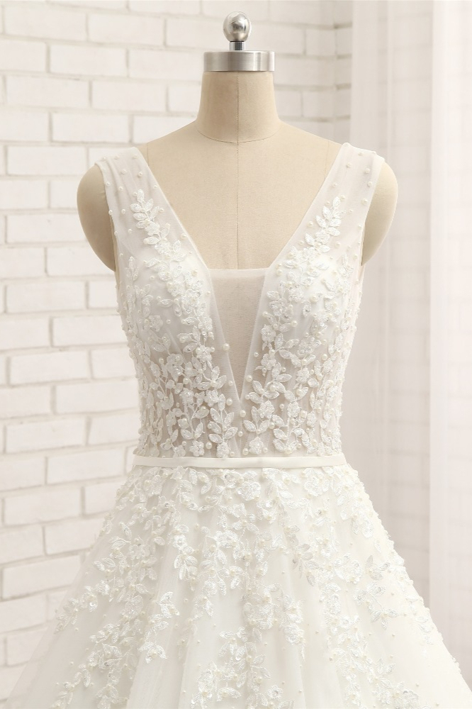 BMbridal Gorgeous Straps Sleeveless White Wedding Dresses With Appliques A-line Tulle Ruffles Bridal Gowns Online-BMbridal