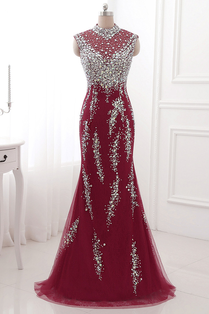 BMbridal Luxury High-Neck Burgundy Mermaid Prom Dresses Sleeveless with White Rhinestones