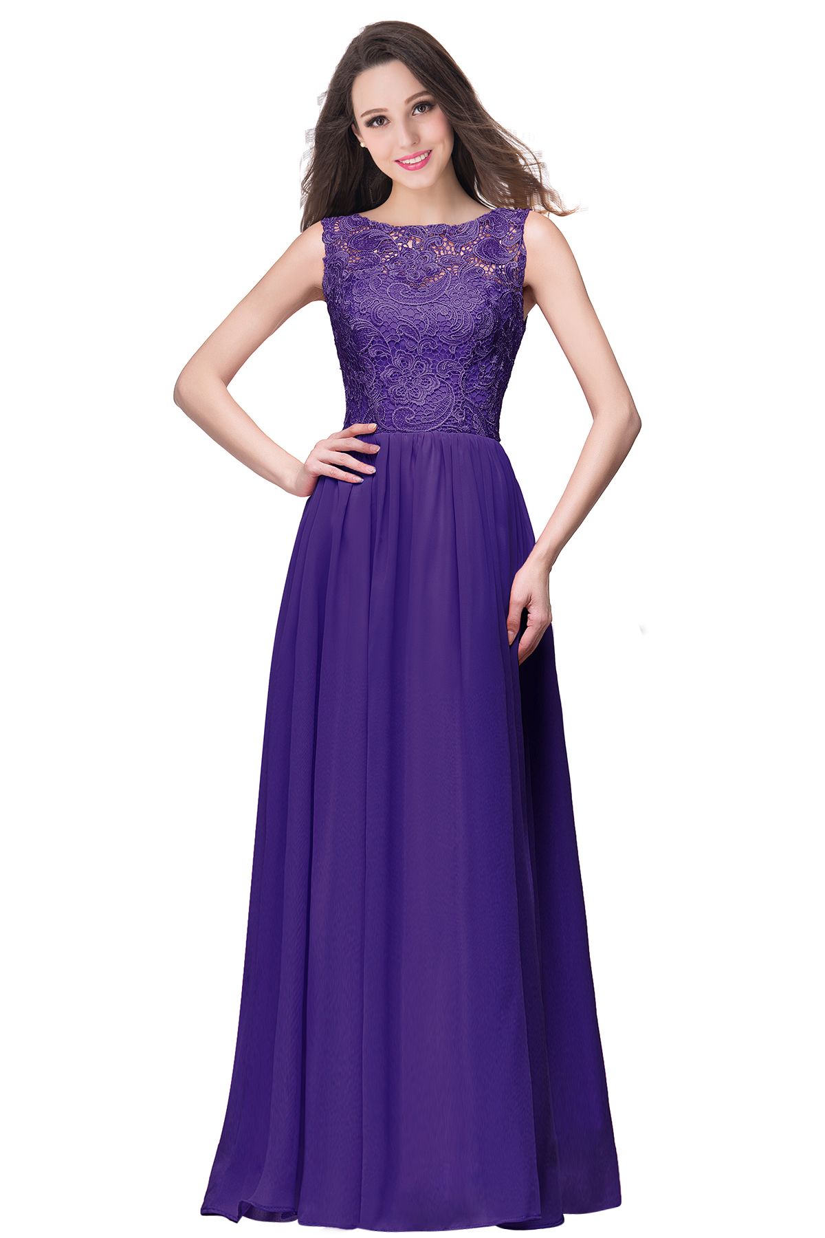 BMbridal Affordable A-line Chiffon Crew Lace Navy Long Bridesmaid Dresses In Stock